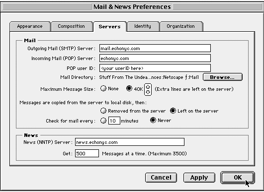 Screenshot of Mail & News Preferences.../Servers tab